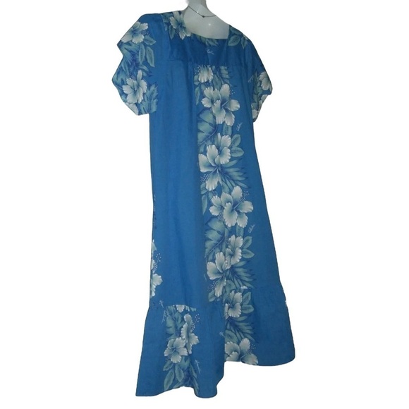 Vintage 80's Kalena Fashions Of Hawaii Dress Flower Blue MuMu Hibiscus Vacation - Picture 5 of 14